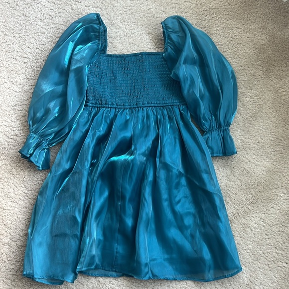Sheer Teal Puff Sleeve Babydoll Dress - XS - Picture 3 of 4